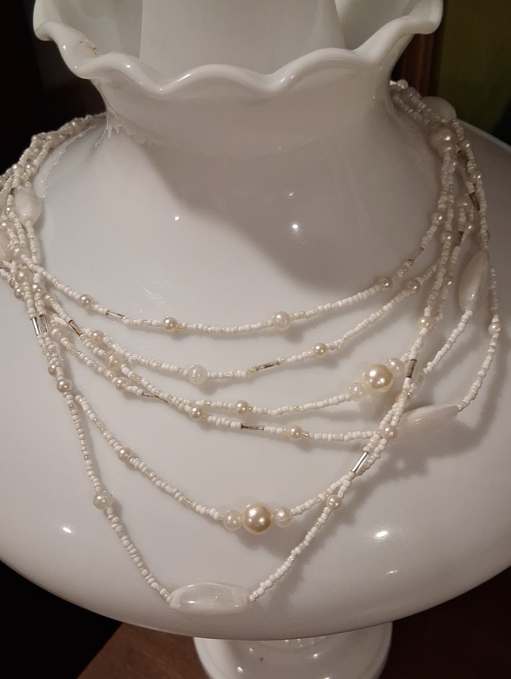 Layered White Pearl & Bead Multi-Strand Necklace